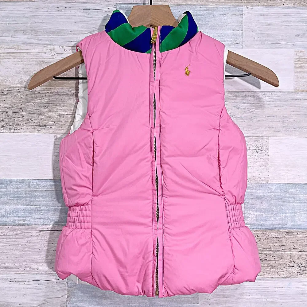 Ralph Lauren Reversible Down Puffer Vest White Pink Insulated Girls 6